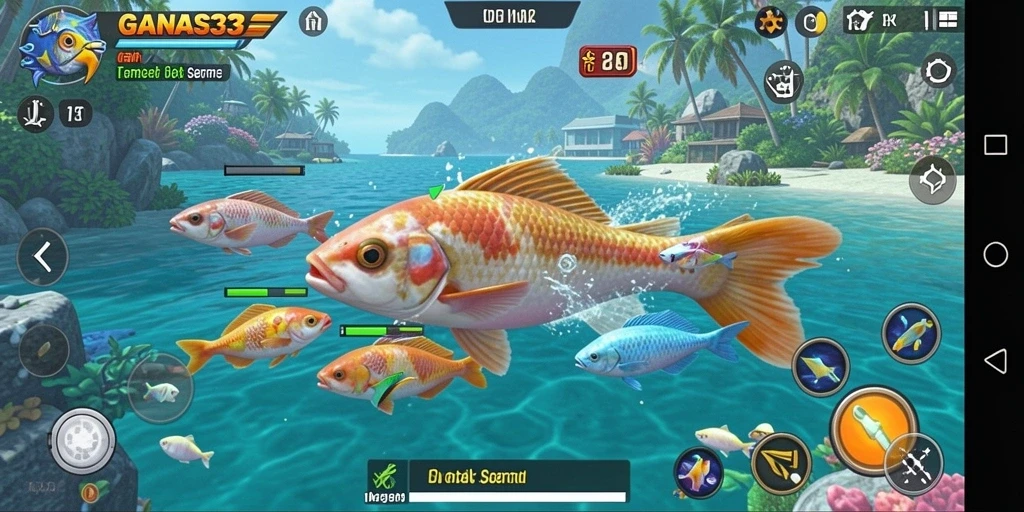 Tampilan gameplay seru dalam GANAS33 saat menembak ikan.