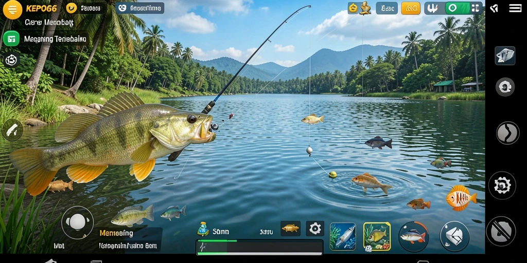 Tampilan gameplay KEPO66 yang menggembirakan dengan banyak ikan dan lokasi menarik.
